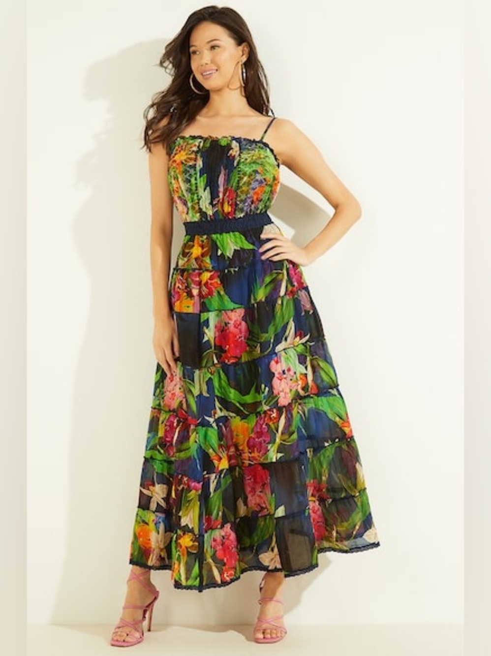 Guess Kinsley Tiered Vibrant Floral Tie Straps Maxi Dress Sz XS